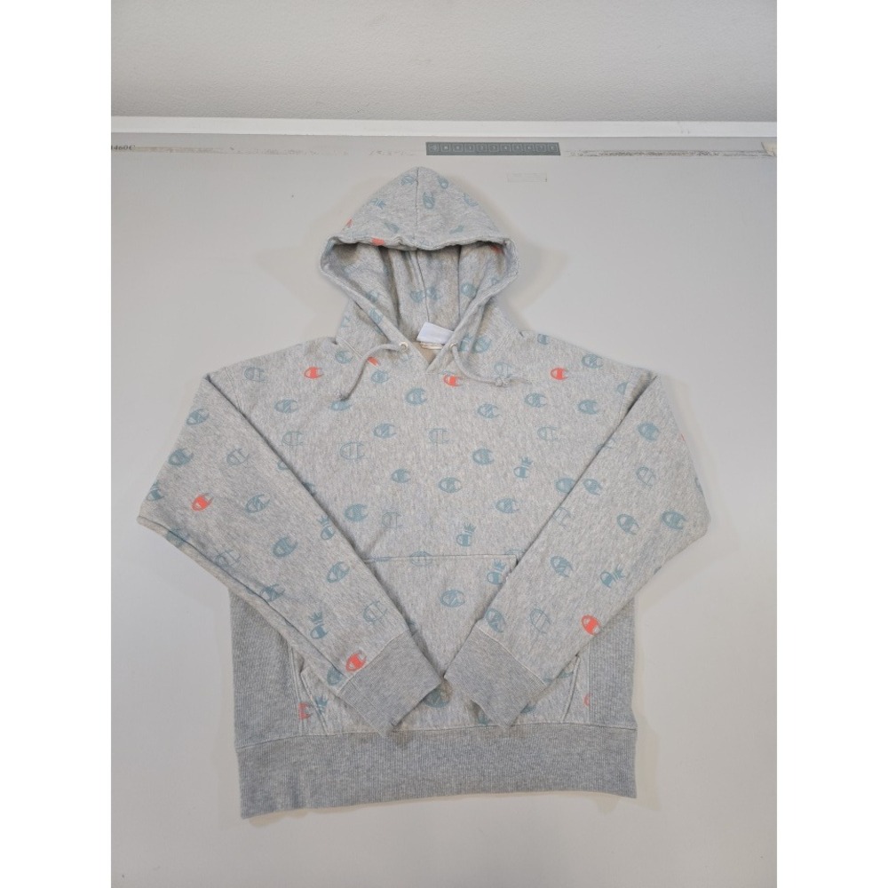 Champion Reverse Weave Hoodie Grey All Over Print Logo Sweatshirt WL757P Medium